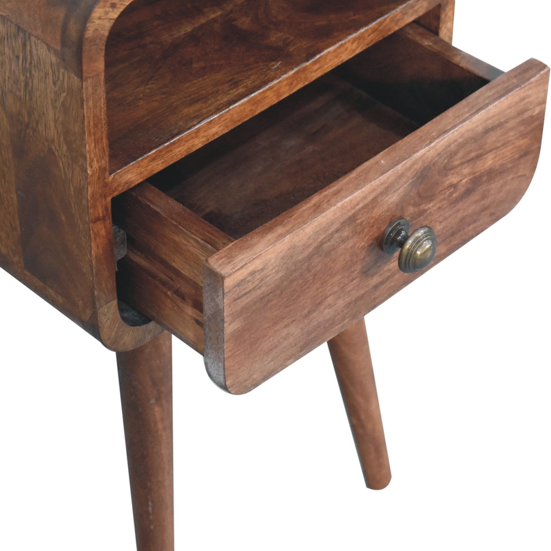 Artisan Furniture Solid Wood Mini Honey Caramel Curved Bedside, Drawer And Open Slot, Brown