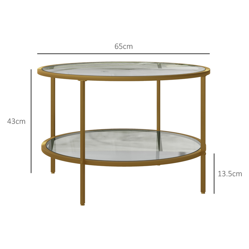 HOMCOM Round Coffee Table with Storage Shelf and Tempered Glass Top, Gold