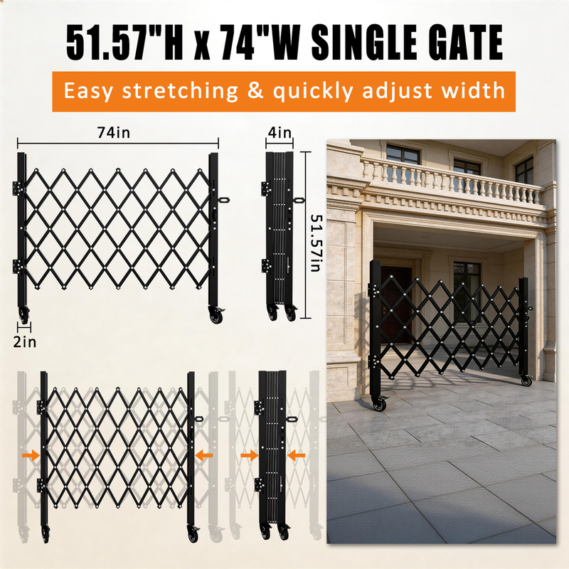 Foldable Security Gate, Expandable Safety Barrier with 360° Swivel Casters Lockable Design, Portable Mobile Rolling Barricade for Garage, Warehouse, Driveway and Pool Areas (51.57" H x 74" W)