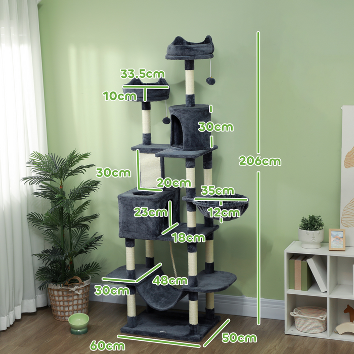 PawHut 206cm Cat Tree with Scratching Posts, Beds, Condos, Toys, Dark Grey