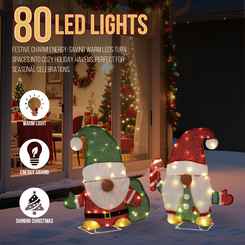 Set of 2 Lighted Gnome and Candy Cane Christmas Decorations, Pre-lit 2D Holiday Decor with 80 Warm White LED Lights for Xmas Outdoor Indoor Decor Lighted Holiday Displays