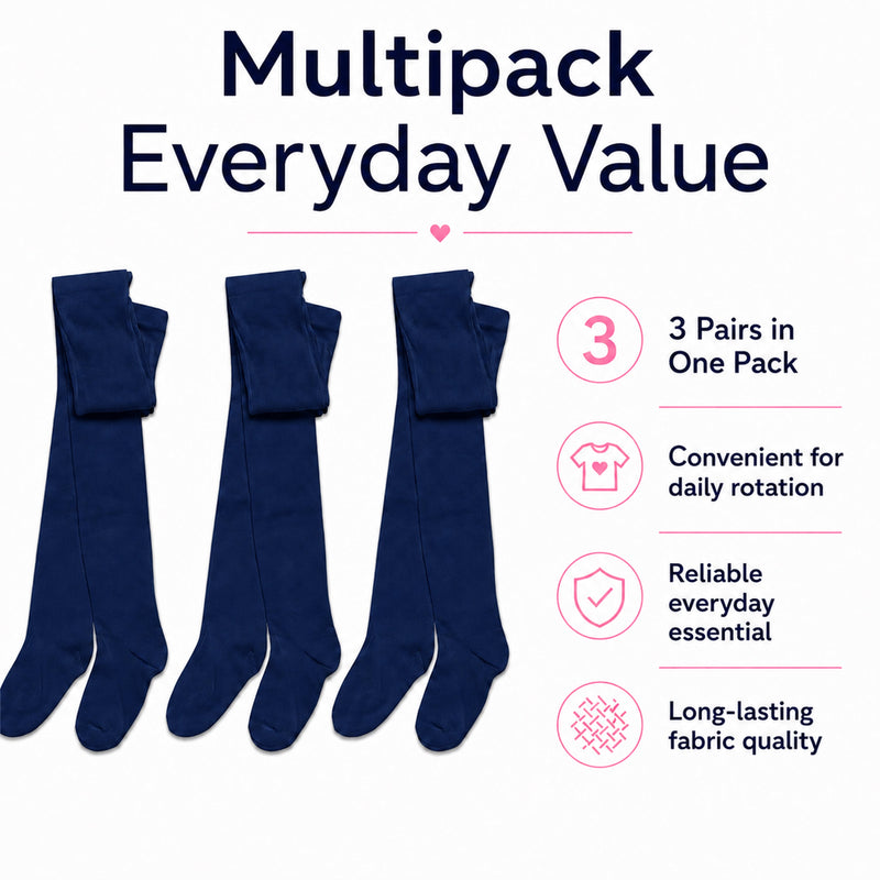 3 Pairs Girls Cotton Lycra Back To School Tights Cotton Rich Long Socks Stylish Comfortable Durable For Uniforms Everyday Wear Ages 3-12 Years by Sock Stack