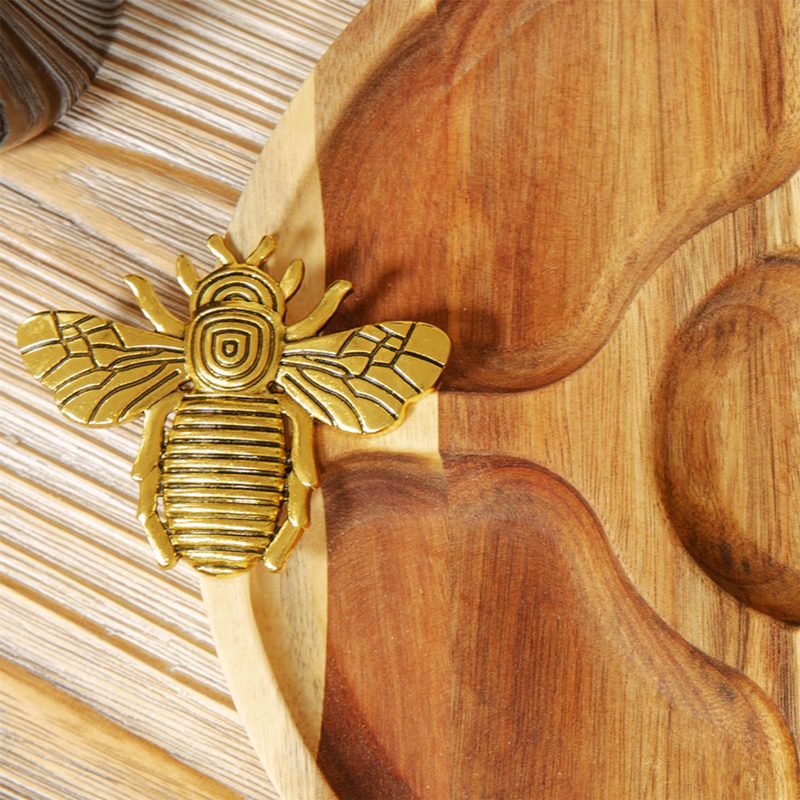 Round Acacia Nibbles Tray Gold Bee Design