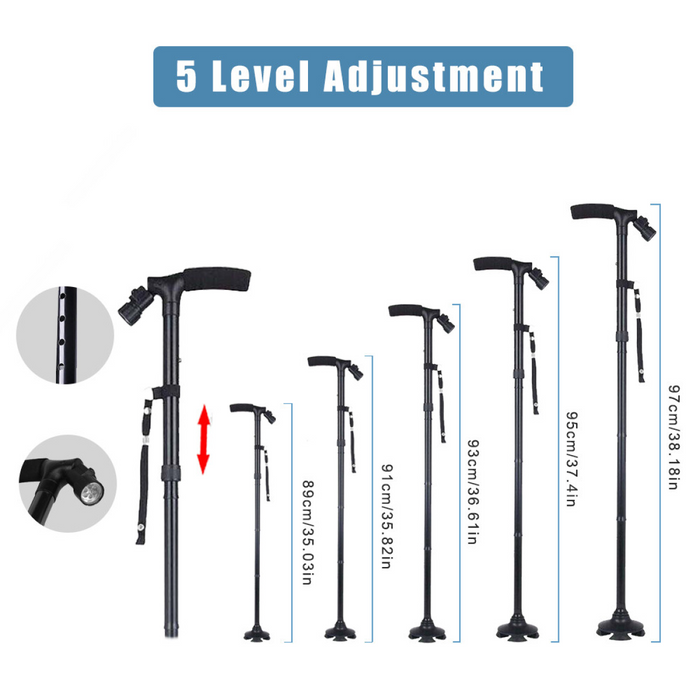 5-Levels Adjustable Height Walking Stick Portable Foldable Cane Travel Camping Hiking Walking Cane w/LED Light