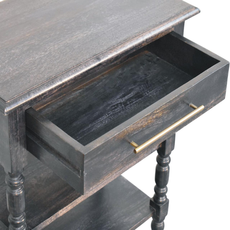 Artisan Furniture Solid Wood Heritage Turned-Leg Side Table, 1 Drawer & 2 Shelves, Black
