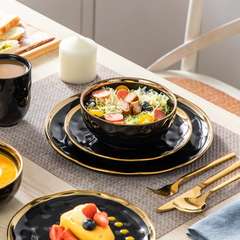 LOVECASA 16/32 Piece Black Porcelain Dinnerware Set with Gold Trim Dessert Plate,Dinner Plate,Cup,Bowl Tableware Set