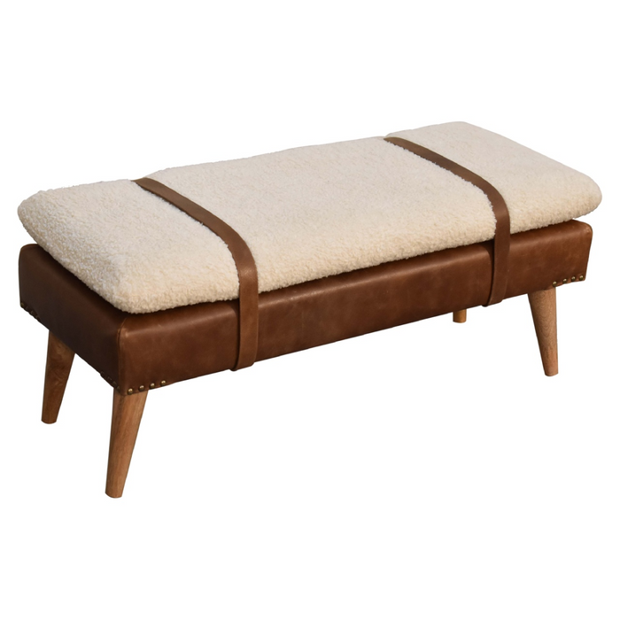 Artisan Furniture Solid Wood Boucle Buffalo Hide Leather Bench