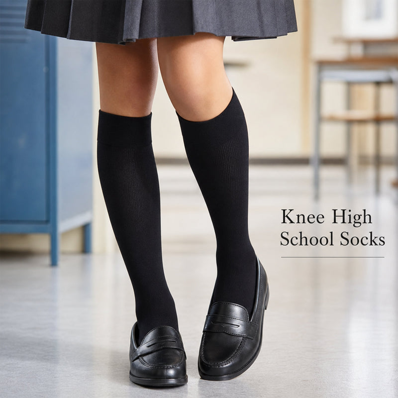 12 Pairs Girls Cotton Rich Long School Socks Durable Comfortable Breathable Sculpted Heels and Toes Sizes 9-12 12-3 4-6 Navy Grey Black White by Sock Stack