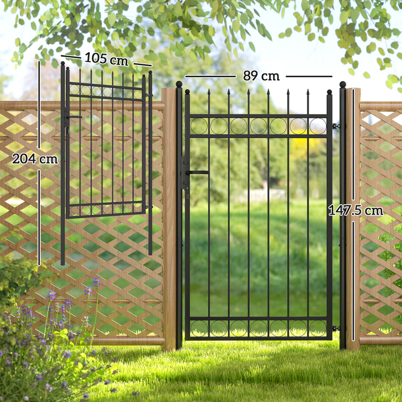 Outsunny Galvanised Steel Garden Fence Gate Security Barrier with Lock, Keys