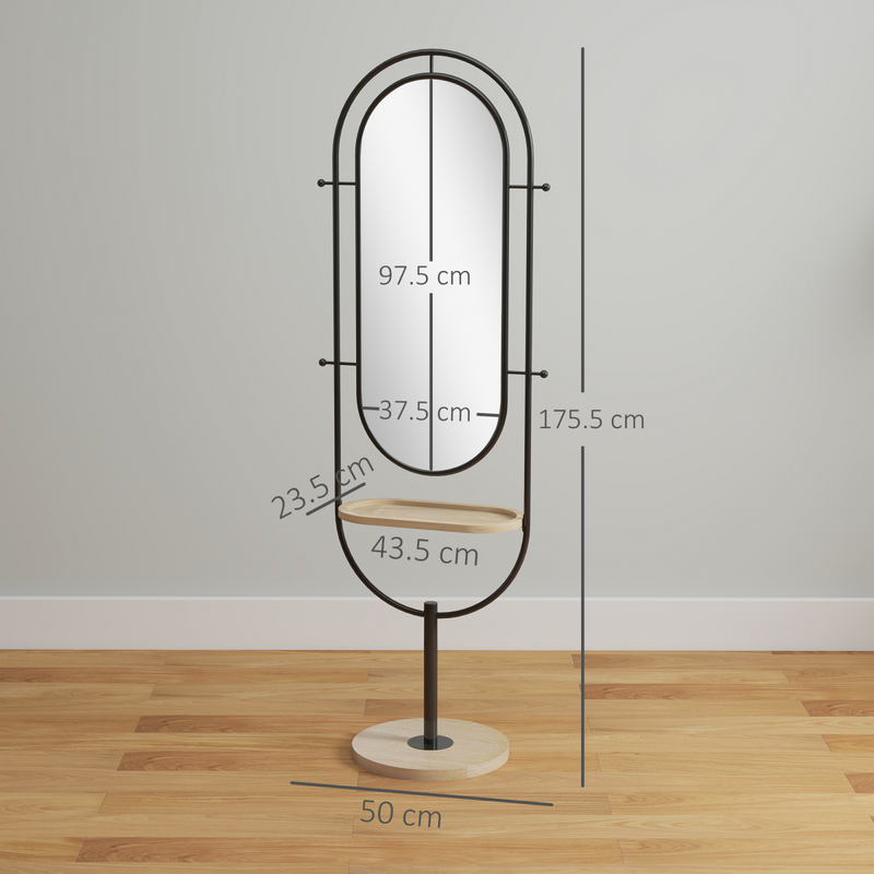 HOMCOM Full Length Mirror, Free Standing Mirror with Tray and Hooks, Black