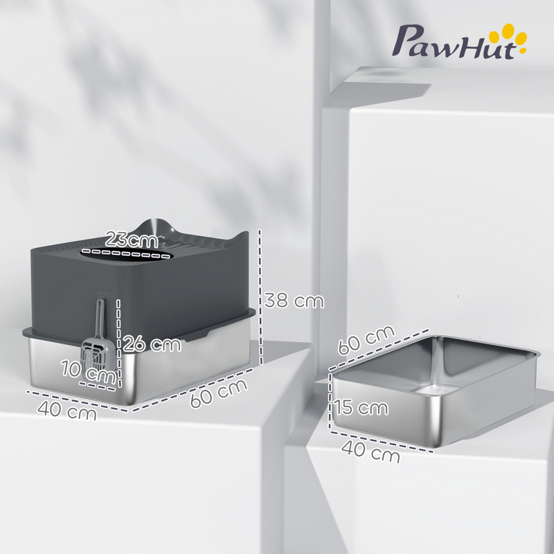 PawHut Stainless Steel Cat Litter Box, Enclosed Metal Litter Tray, Dark Grey