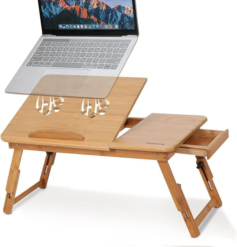 Bamboo Laptop Desk Adjustable Bed Tray with Drawer Cup Slot and Vent Ejoyous