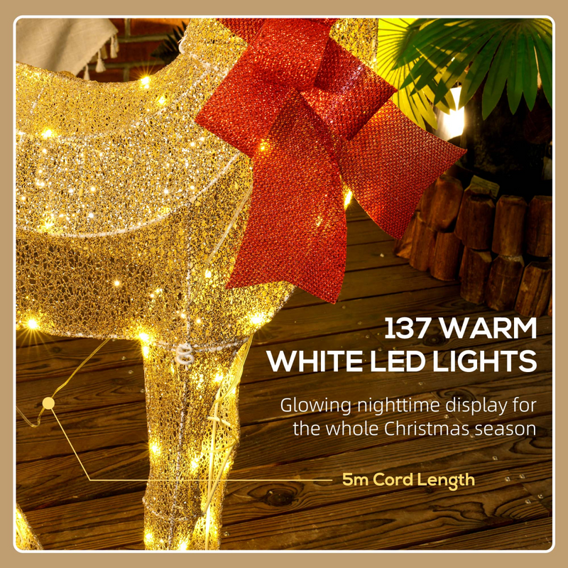 Outsunny Lighted Reindeer Christmas Decoration w/ Stakes Zip Ties Gold Tone