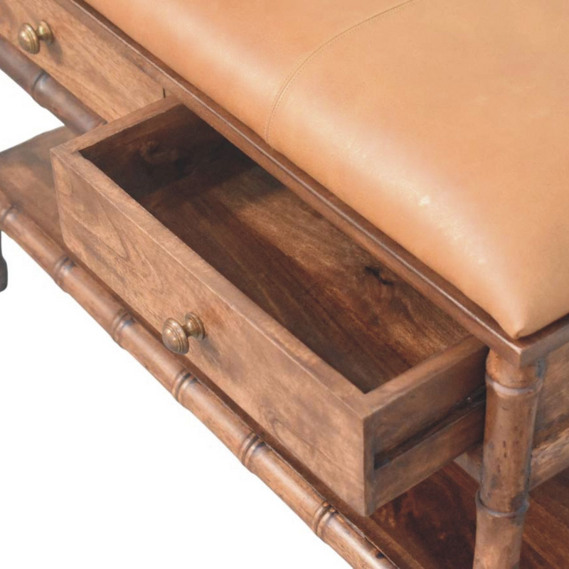 Artisan Furniture Solid Wood Upholstered Bamboo Carved Storage, 2 Drawers, 1 Shelf, Brown