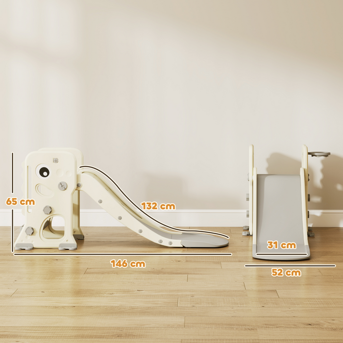 AIYAPLAY Foldable Kids Slide with Climber, Basketball Hoop, Cream White