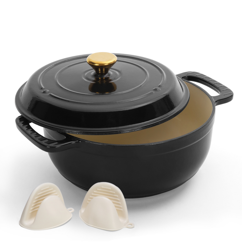 Cast iron 5QT cooking pot - Pure black - includes two silicone gloves - Enamel pot