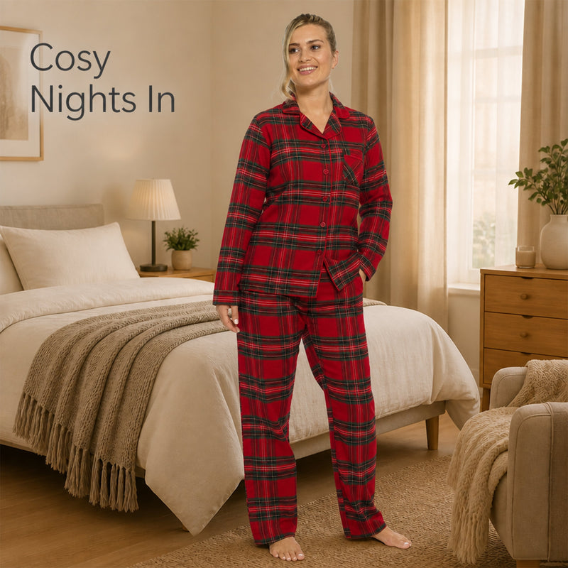 Women's Soft Brushed Cotton Flannelette Pajama Set with Elastic Waistband Cozy Check Pattern Sleepwear for All Seasons Small to XLarge by Daisy Dreamer
