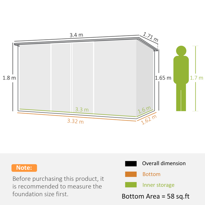 Outsunny 11 x 5.6ft Galvanised Metal Garden Shed with Lockable Doors, Grey