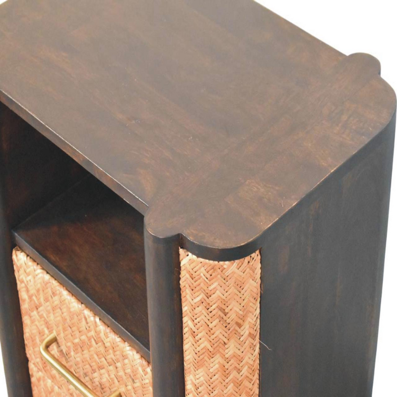 Artisan Furniture Solid Wood Rattan Curve Edge Nightstand, 2 Drawers, 1 Shelf, Brown