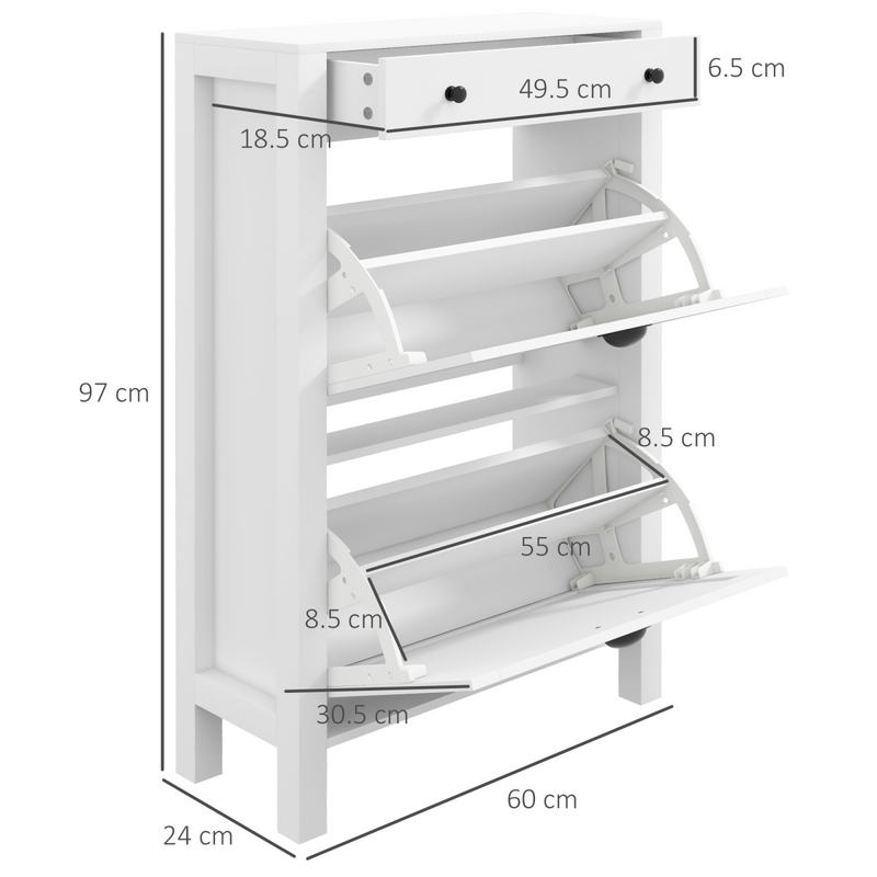 HOMCOM Narrow Shoe Cabinet with 2 Flip Drawers and Top Drawer, White