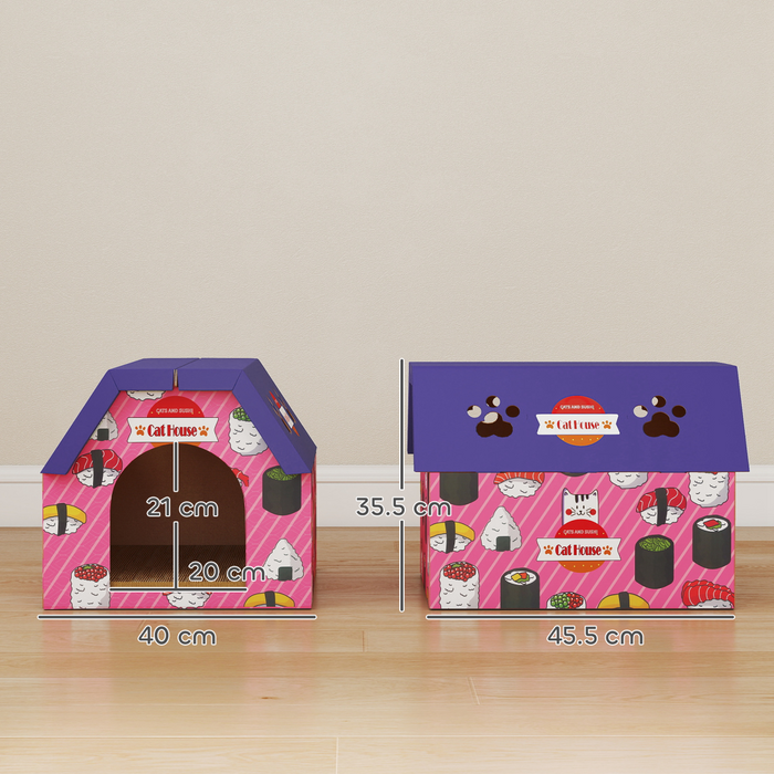 PawHut 2-in-1 Cat Scratching Board House with 4 Paw-Shaped Vents, Pink