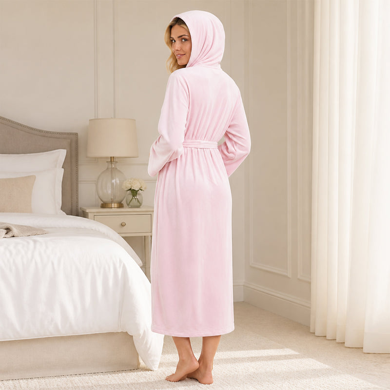 Elegant Women's Hooded Velour Robe Ultra-Soft Luxurious Bathrobe Perfect for Lounging Spa and Gym in Pink and Grey Adjustable Fit Multiple Sizes by Daisy Dreamer