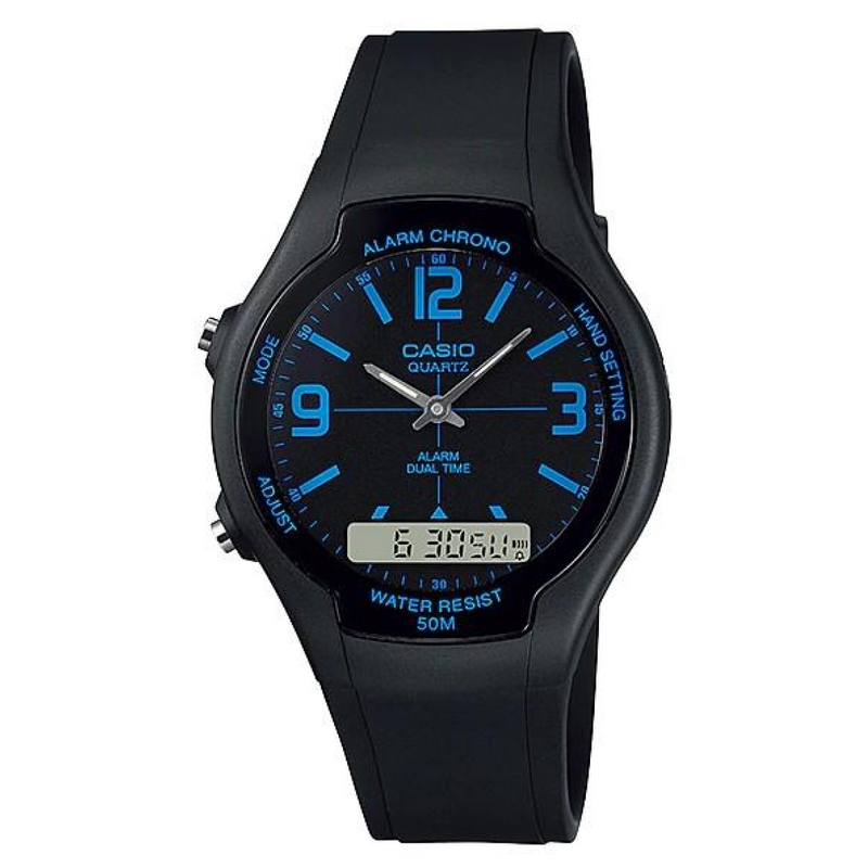 Casio Mens Dual Digital Time Black Dial Black Rubber Strap Watch - AW-90H-2BVDF