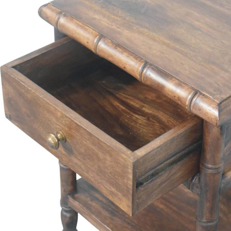 Artisan Furniture Solid Wood Bamboo Carved Bedside Table, 1 Drawer, 1 Shelf, Brown