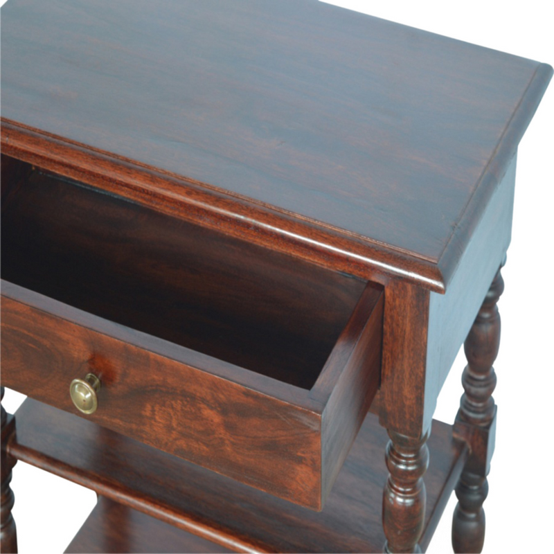 Artisan Furniture Solid Wood Turned Occasional Table, 1 Drawer and 2 Shelves, Dark Brown