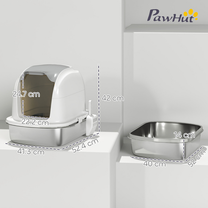 PawHut Stainless Steel Cat Litter Tray with Lid