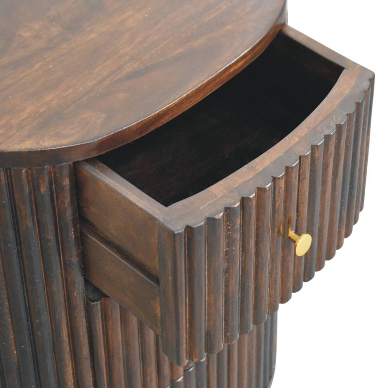 Artisan Furniture Solid Wood Curved Fluted Bedside, 3 Drawers, Dark Brown