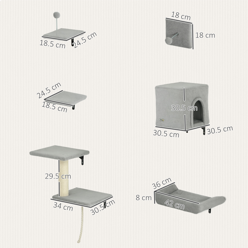 PawHut 6-Piece Cat Wall Shelves Set, Cat Wall Furniture with Condo, Grey