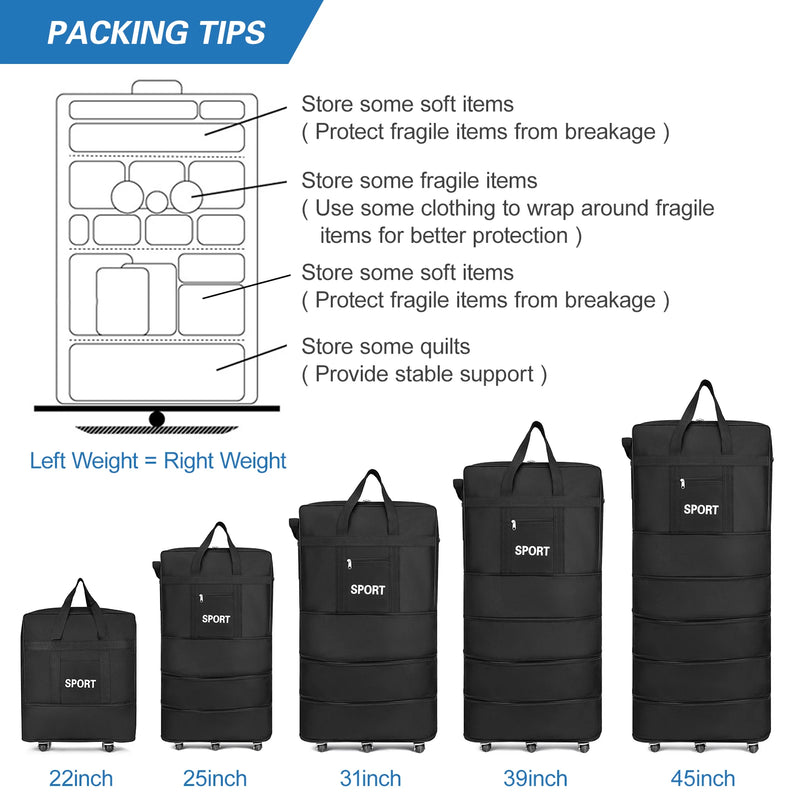 31/39/45inch Expandable Suitcase Bag Foldable Rolling Luggage Bag for Travel Business