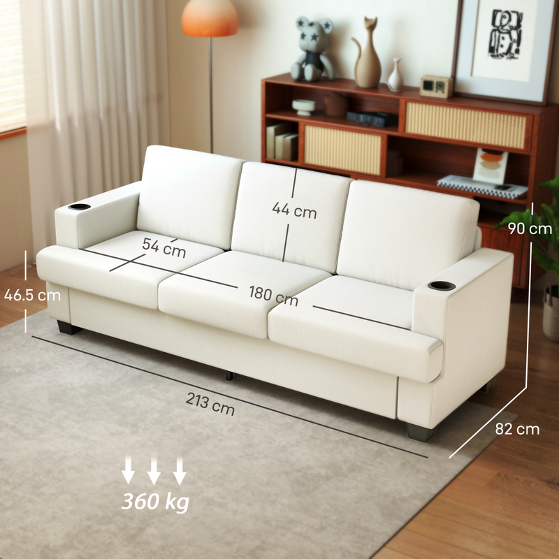 HOMCOM 3 Seater Sofa, Fabric Sofa with USB Ports and Cup Holders, Cream