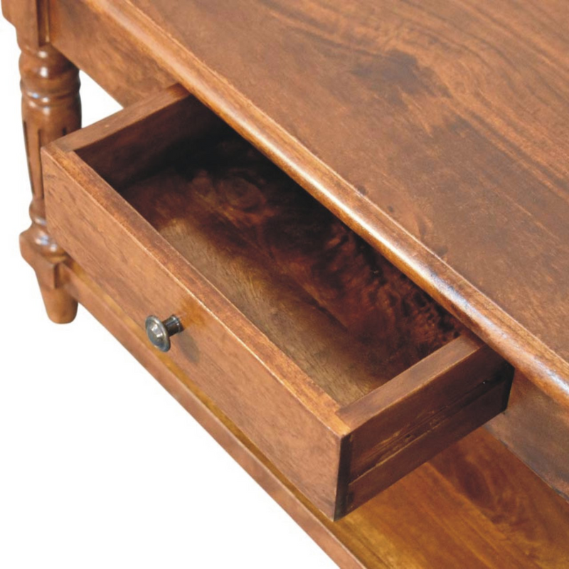 Artisan Furniture Solid Wood Turned Legs Chestnut Coffee Table, 2 Drawers and 1 Shelf, Dark Brown