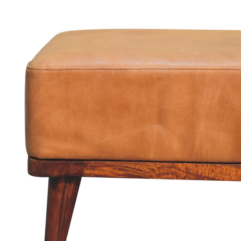 Artisan Furniture Solid Mango Wood Tan Buffalo Leather Tan Footstool