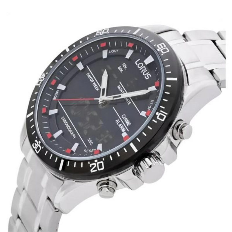 Lorus Mens Chronograph Day Date Black Dial Silver Stainless Steel Bracelet Watch RW635AX5