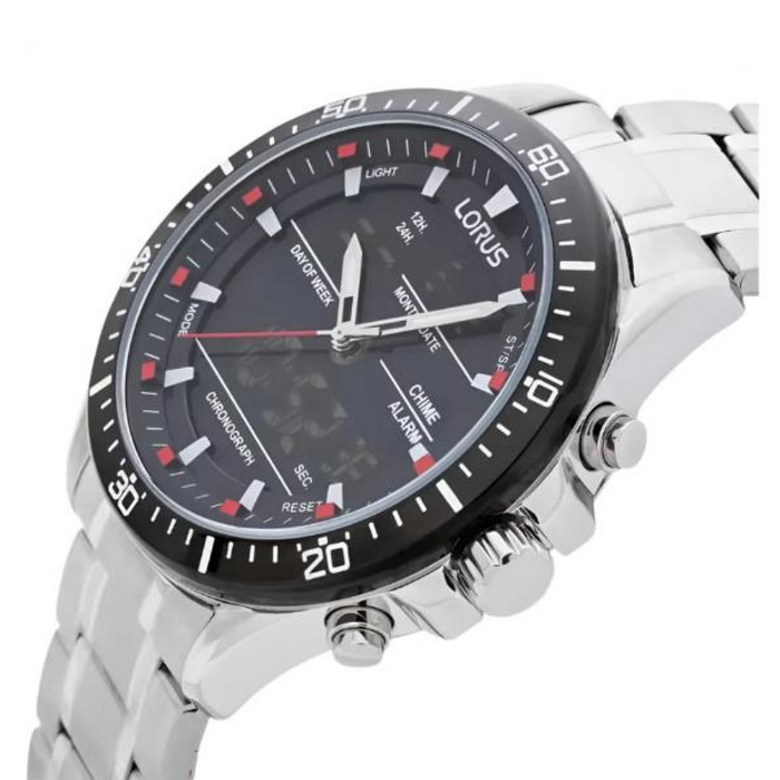 Lorus Mens Chronograph Day Date Black Dial Silver Stainless Steel Bracelet Watch RW635AX5