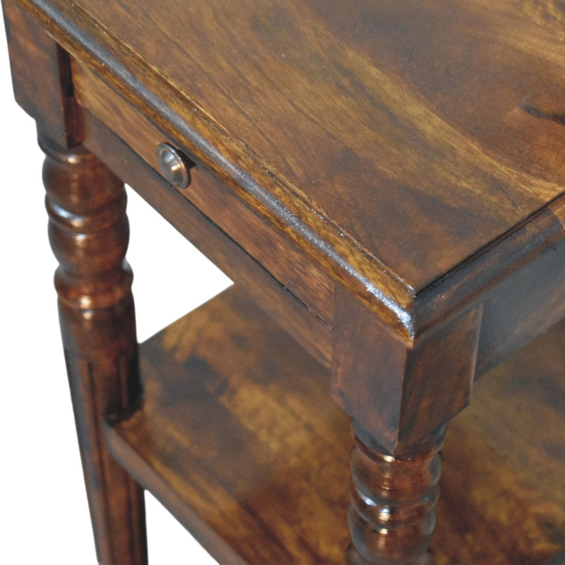 Artisan Furniture Solid Wood Tall Turned Leg Side Table, 1 Drawer & 2 Shelves, Brown