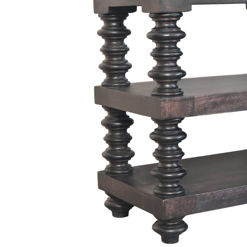 Artisan Furniture Solid Wood Spindle Shelf Console in Carbon Ash, 2 Open Slots, Dark Brown