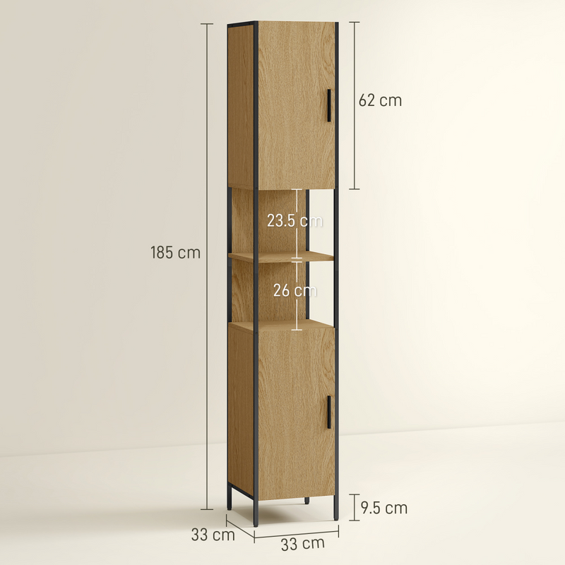 HOMCOM Slim Bathroom Storage Cabinet with 2 Doors Open Compartments Natural