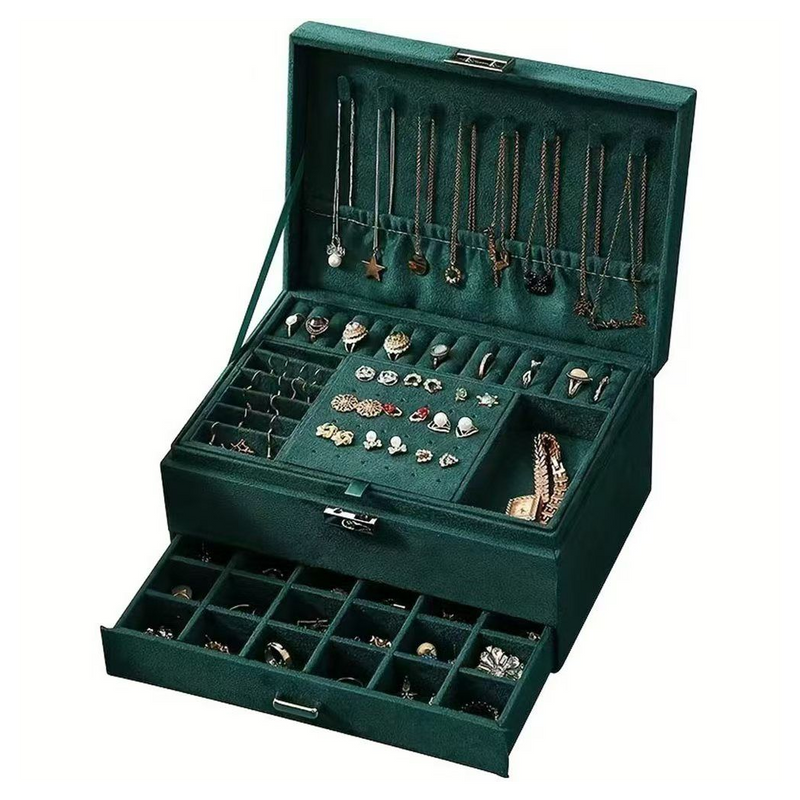 1pc Green 3-Layers Jewelry Box, Large PU Leather Finish Storage Drawer Cabinet, Jewelry, Earrings, Necklace, Bracelet, Ring, Ornaments, Adorn Article, Small Item Organizer Box Art Supplies