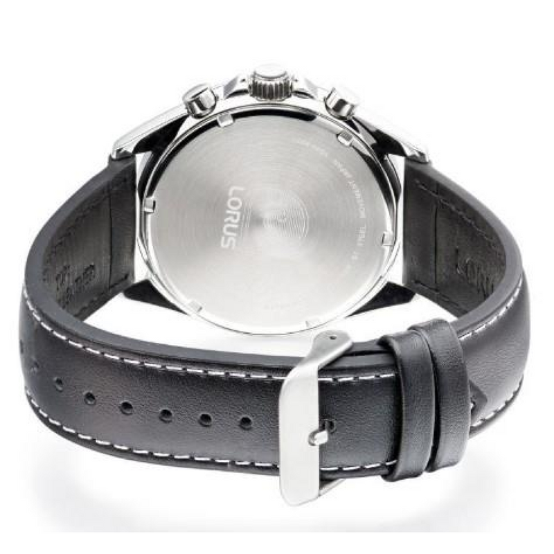 Lorus Mens Fashion Sports Chronograph Date Grey/Blue sunray Dial Black Leather strap Watch RT341KX9