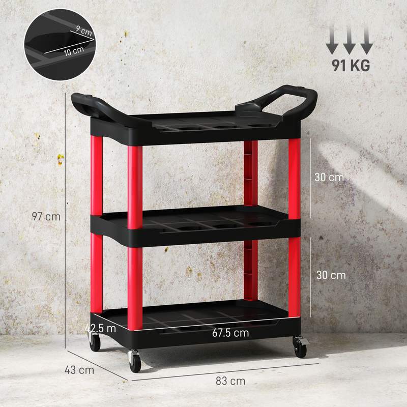 HOMCOM 3-Tier Rolling Tool Cart, Tool Trolley on Wheels for Garage, Black