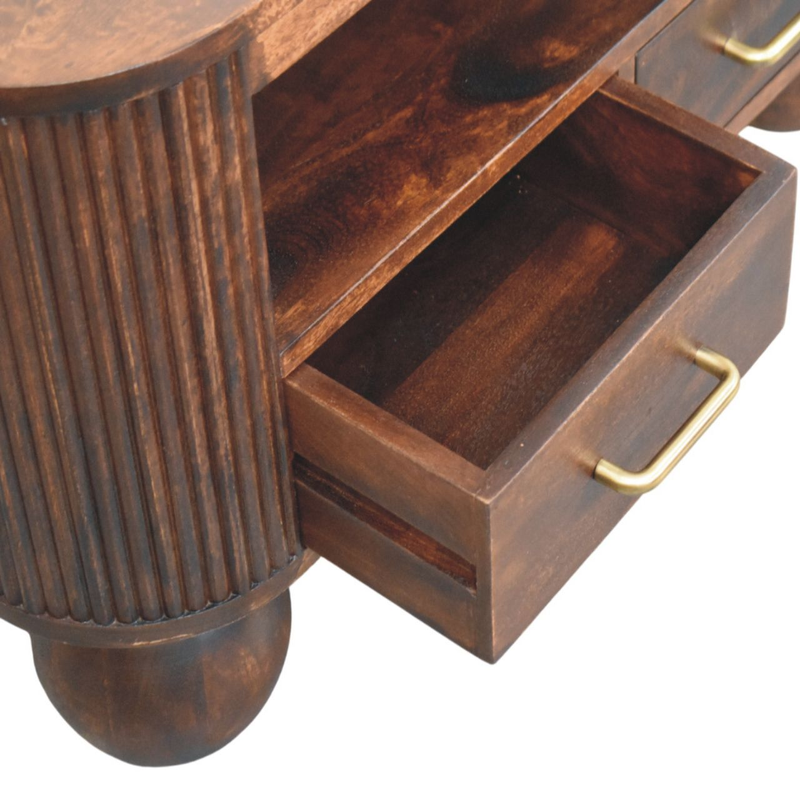 Artisan Furniture Solid Wood Sphere Leg Coffee Table, 2 Drawers And Open Slot, Dark Brown