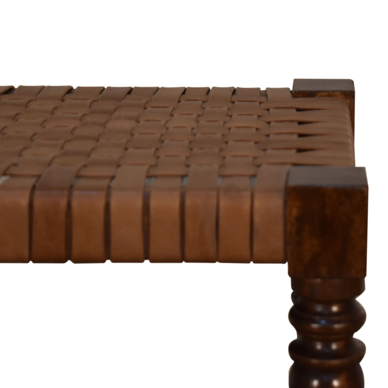 Artisan Furniture Solid Wood Woven Leather Footstool, Brown