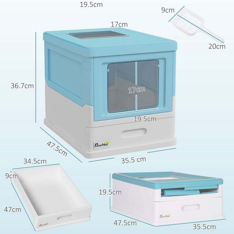 PawHut Hooded Cat Litter Box, Pet Toilet w/ Scoop, Tray - Light Blue
