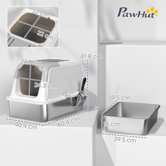 PawHut Stainless Steel Litter Box, Enclosed Metal Litter Tray with Scoop