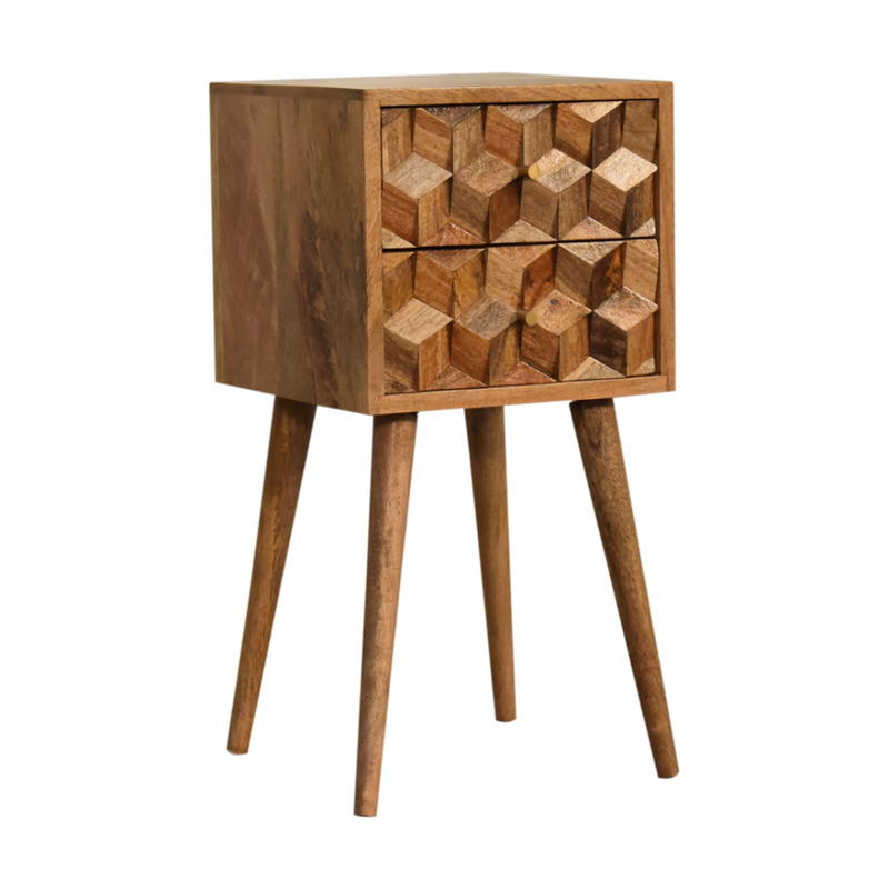Artisan Furniture Solid Wood Mini Cube Carved 2 Drawer Bedside