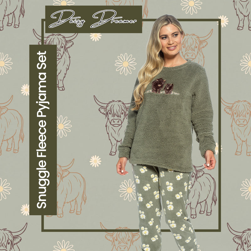 Women's Highland Cow Cotton Jersey Pyjama Set Long Sleeve Lounge Wear PJs with Elasticated Waistband by Daisy Dreamer
